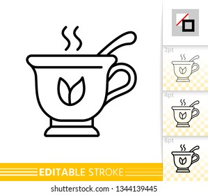 Tea thin line icon. Cup with Spoon banner in flat style. Mug poster. Teacup Linear pictogram. Simple illustration, outline symbol. Vector sign isolated on white. Editable stroke icons without fill