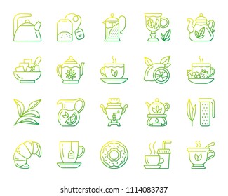 Tea thin line icons set. Outline vector web sign kit of cup. Tea time linear icon collection includes teapot, lemon, mint. Modern green gradient simple tea symbol isolated on white