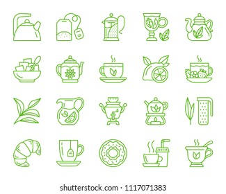 Tea thin line icons set. Outline monochrome sign kit of cup. Tea Time linear icon collection includes tea bag, lemon, croissant. Simple tea color contour symbol isolated on white. Vector Illustration