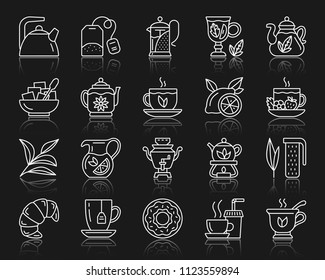 Tea thin line icons set. Outline web sign kit of cup. Tea time linear icon collection includes fruit tea, strawberry, lemon. Simple tea white contour symbol with reflection. Vector Illustration