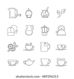 Tea thin line vector icons set. Breakfast beverage, teacup with sugar and lemon illustration