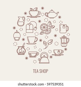 Tea thin line vector icons set in a circle