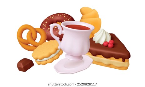 Tea time 3d composition. Teacup pastry and cake. Donut croissant cookie and chocolate. Tasty desserts realistic elements, cafe breakfast vector scene