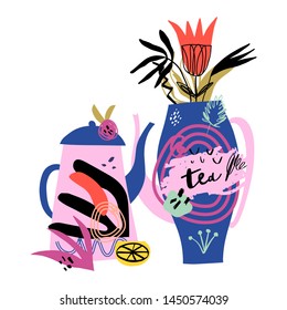 Tea time 5 o'clock concept. Hand drawn vintage print with teapots. Good for print and poster.