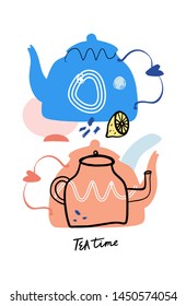 Tea time 5 o'clock concept. Hand drawn vintage print with teapots. Good for print and poster.