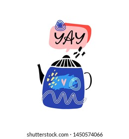 Tea time 5 o'clock concept. Hand drawn vintage print with teapot. Good for print and poster.