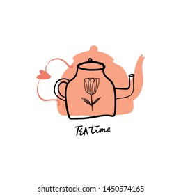 Tea time 5 o'clock concept. Hand drawn vintage print with teapot. Good for print and poster.