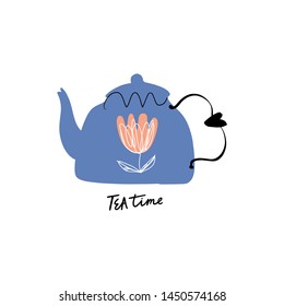 Tea time 5 o'clock concept. Hand drawn vintage print with teapot. Good for print and poster.