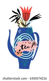 Tea time 5 o'clock concept. Hand drawn vintage print with teapot. Good for print and poster.