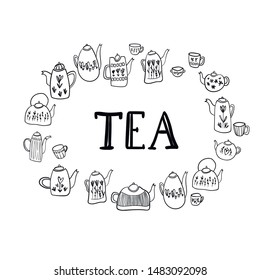 Tea time 5 o'clock concept. Hand drawn vintage print with teapot. Boho frame and card. 