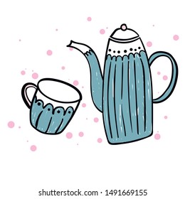 Tea time 5 o'clock concept. Hand drawn vintage print with teapot. 