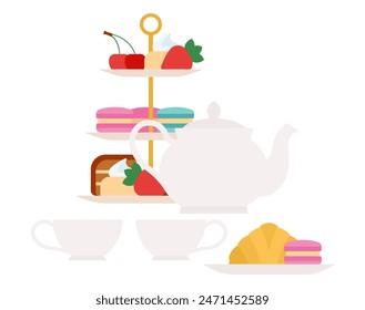 Tea time. Afternoon tea with biscuits and cakes. Porcelain set and dessert stand: french macarons, berries, pastry. 