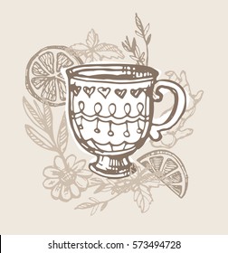 Tea time. Tea is always good idea. Hand drawn doodle illustration.