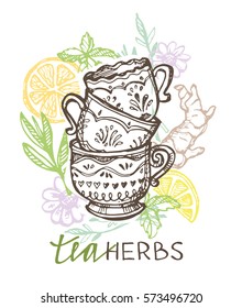 Tea time. Tea is always good idea. Hand drawn doodle illustration. Tea herbs