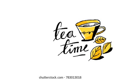 Tea time art. Cafe mural design in yellow and black color