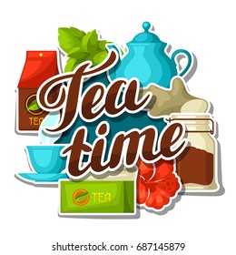 Tea time. Background with tea and accessories, packs and kettles.