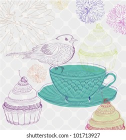 tea time background with cupcakes and bird, beautiful vector illustration