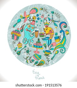 tea time background, doodle illustration with teapot and floral elements, fish and octopus drinking tea, VECTOR