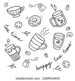 Tea time background. Tea party. Set of cups, mugs, donuts, cookies, tea bags. Hand drawn illustration in doodle style. Vector