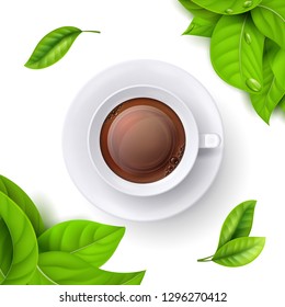 Tea time background template with realistic vector green leaves and top view cup of tea