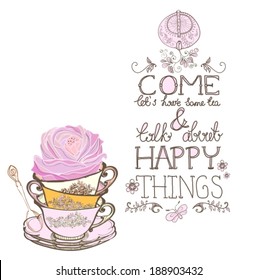 tea time background with text, teapot and cup, VECTOR