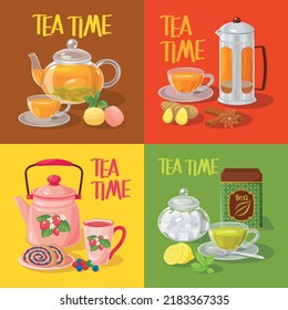 Tea time backgrounds set with various kitchen accessories, tablewear food ingredients, lettering. Bblack, green tea with cinnamon, lemon, ginger, berries. Background, postcard, poster, menu cover