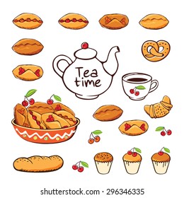 Tea time. Bakery menu. Set of elements for the bakery. Sketch, design elements, hand drawn. Vector illustration.