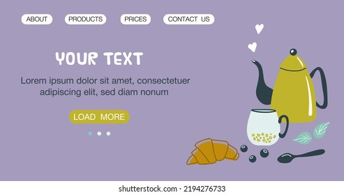 Tea time banner with kettle and cup of tea. Vector illustration in flat style for cafe, restaurant, ceramic studio, bakery.