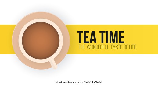 Tea time banner on white background with tea leaves and cup