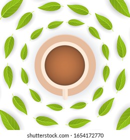 Tea time banner on white background with tea leaves and cup