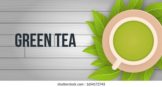 Tea time banner on wood background with tea leaves