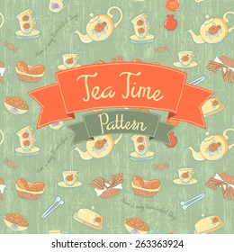 Tea Time. Beauty  vintage seamless pattern.