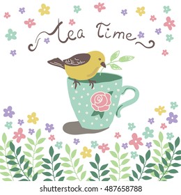 Tea Time. Bird sits on a cup. Vector hand drawn illustration.