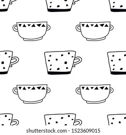 Tea time. Black and white illustration of tea cups or coffee mugs. Seamless pattern for coloring book and page.