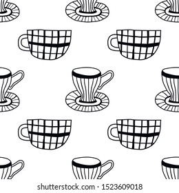 Tea time. Black and white illustration of tea cups or coffee mugs. Seamless pattern for coloring book and page.