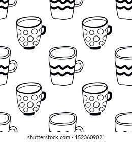 Tea time. Black and white illustration of tea cups or coffee mugs. Seamless pattern for coloring book and page.