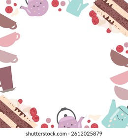 Tea time border frame with cup of tea,teapot,cake, and berries on white background.Hand drawn set of sweet food ingredient. Vector illustration in cartoon style