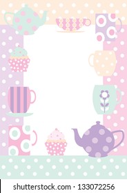 Tea Time Border Border with teacups, cupcakes,and teapots all in polka dot pastels for a useful background, poster or invitation.