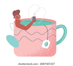 Tea Time Break with Man Character Sitting in Huge Cup Enjoying Hot Drink Vector Illustration