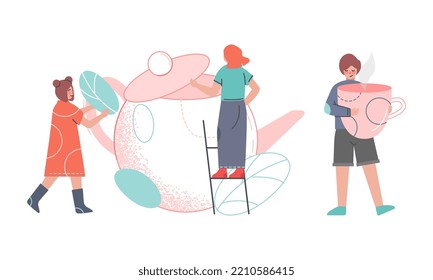 Tea Time Break with Man and Woman Character with Hot Drink in Cup and Huge Teapot Vector Set
