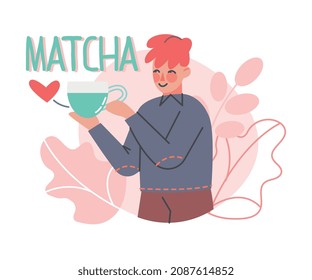 Tea Time Break with Redhead Man Character Enjoying Hot Matcha Drink in Cup Vector Illustration