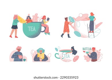 Tea Time Break with Tiny People Character Enjoying Hot Drink in Cup Vector Set