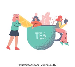 Tea Time Break with Tiny Woman Character Near Huge Cup with Hot Drink Bringing Slice of Lemon Vector Illustration