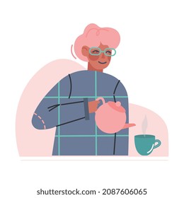 Tea Time Break with Woman Character with Teapot Pouring Hot Drink in Cup Vector Illustration