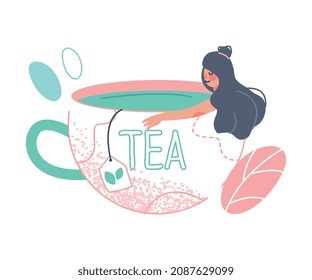 Tea Time Break with Woman Character Bathing in Huge Cup Enjoying Hot Drink Vector Illustration