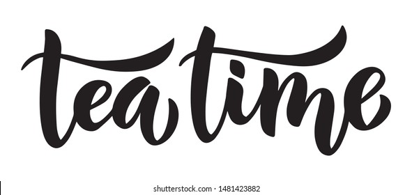 Tea time brush lettering hand-drawn composition. Black and white isolated minimalistic ink illustration for posters, cards and other.