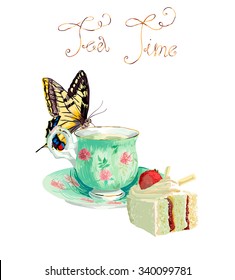 Tea Time. Butterfly drinking tea. A cup of tea with butterfly. Invitation to tea drinking. Vector hand drawn illustration. 