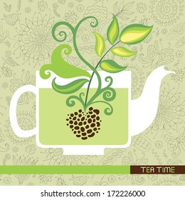Tea time card with beautiful seamless background. vector illustration