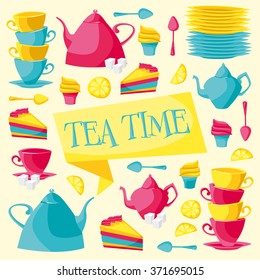 Tea time card. Bright beautiful set on an isolated background. Vector illustration. Eps 10.