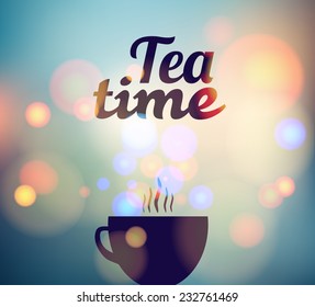 tea time card with a cup of tea on a background of city dawn written on glass